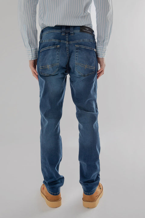 Men's Regular Fit Flex Waist Straight Leg Jean, Medium Blue - Toplook London