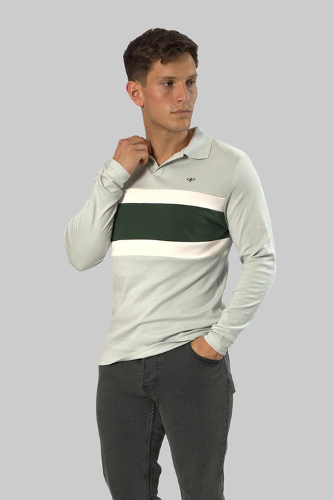 Multicolored Cotton Long-Sleeved Stripe Polo Shirt In Baby Blue - Toplook London