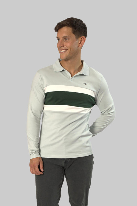Multicolored Cotton Long-Sleeved Stripe Polo Shirt In Baby Blue - Toplook London