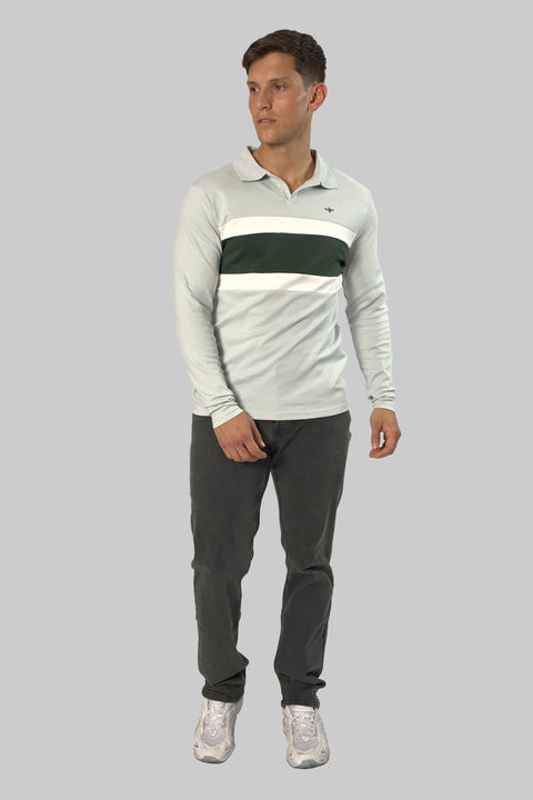 Multicolored Cotton Long-Sleeved Stripe Polo Shirt In Baby Blue - Toplook London