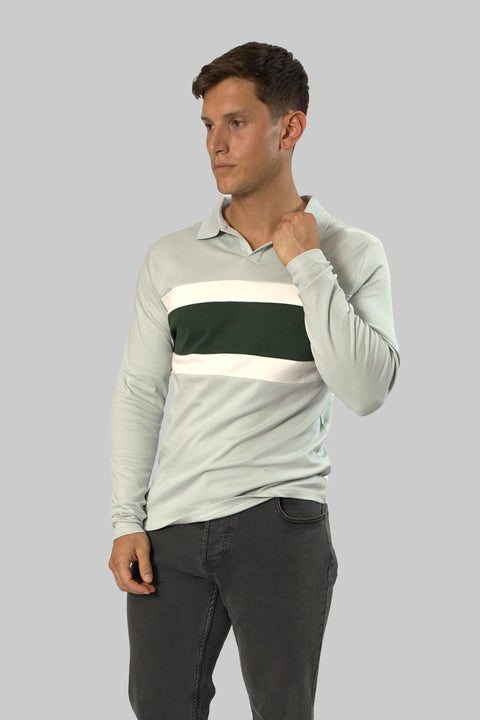 Multicolored Cotton Long-Sleeved Stripe Polo Shirt In Baby Blue - Toplook London