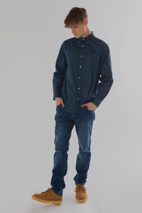 Regular Fit Oxford Cotton Long Sleeve Formal Smart Business Mens Shirt Denim Blue Colour - Toplook London