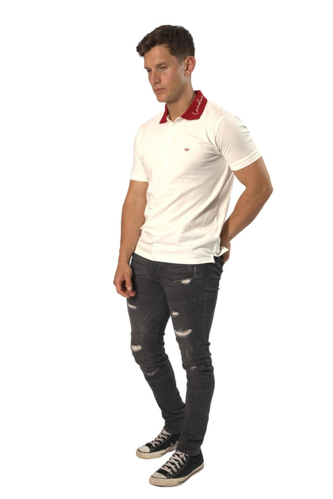 TOPLOOK Contrast Collar Embroidered Logo Short Sleeve Polo Shirt In White/Red - Toplook London