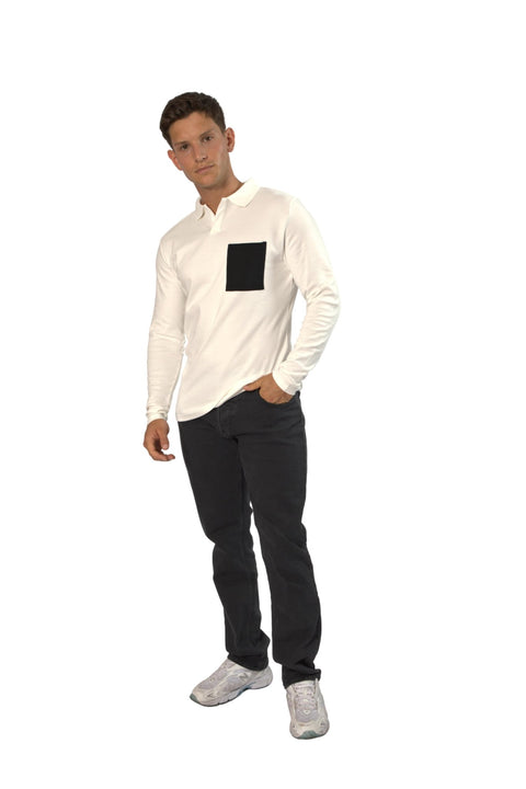 TOPLOOK Men's Long-Sleeve Casual Fashion Polo Shirt with Pocket, White - Toplook London