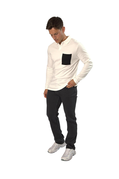 TOPLOOK Men's Long-Sleeve Casual Fashion Polo Shirt with Pocket, White - Toplook London