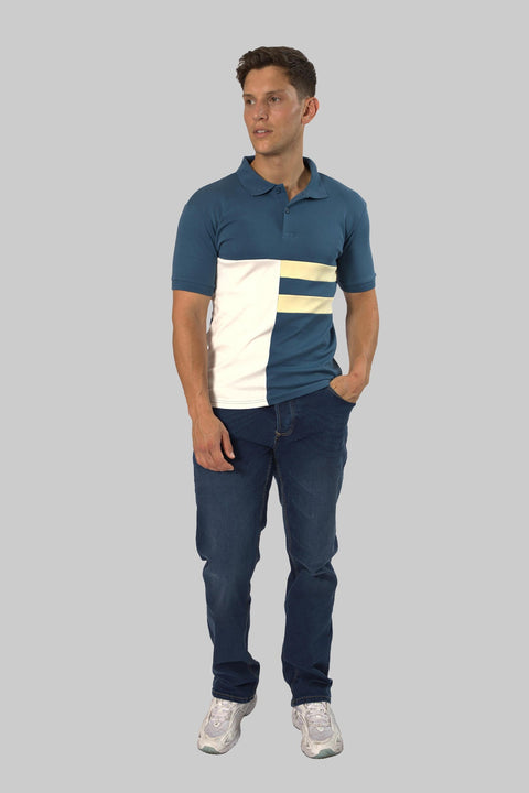 Vertical Panel Short Sleeve Designer Polo Shirt, Dark Blue - Toplook London