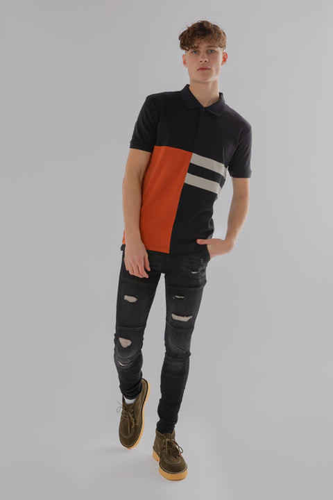 VERTICAL PANEL SHORT SLEEVE POLO SHIRT IN BLACK - Toplook London