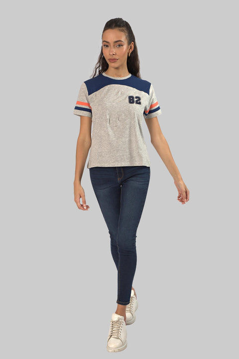 Women's Contrast Panel 3/4 Sleeve T-Shirt Top, Grey - Toplook London