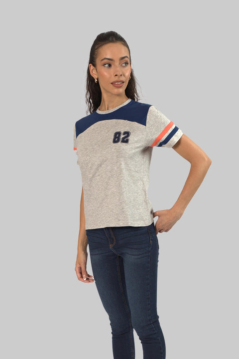 Women's Contrast Panel 3/4 Sleeve T-Shirt Top, Grey - Toplook London