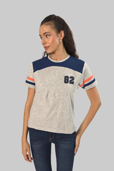Women's Contrast Panel 3/4 Sleeve T-Shirt Top, Grey - Toplook London
