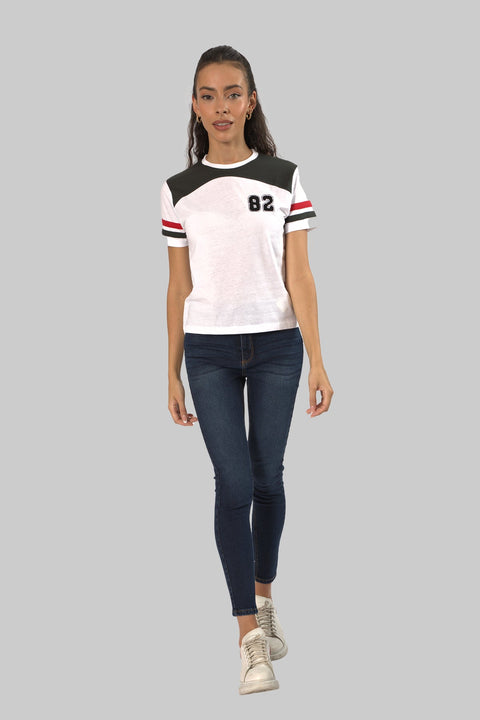 Women's Contrast Panel 3/4 Sleeve T-Shirt Top, White - Toplook London