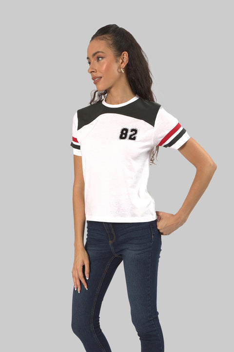 Women's Contrast Panel 3/4 Sleeve T-Shirt Top, White - Toplook London