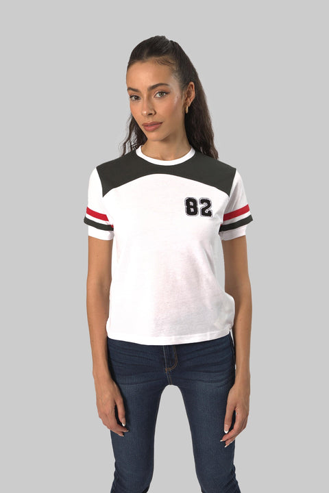 Women's Contrast Panel 3/4 Sleeve T-Shirt Top, White - Toplook London