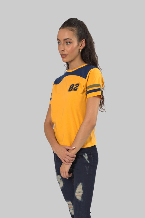 Women's Contrast Panel 3/4 Sleeve T-Shirt Top, Yellow - Toplook London