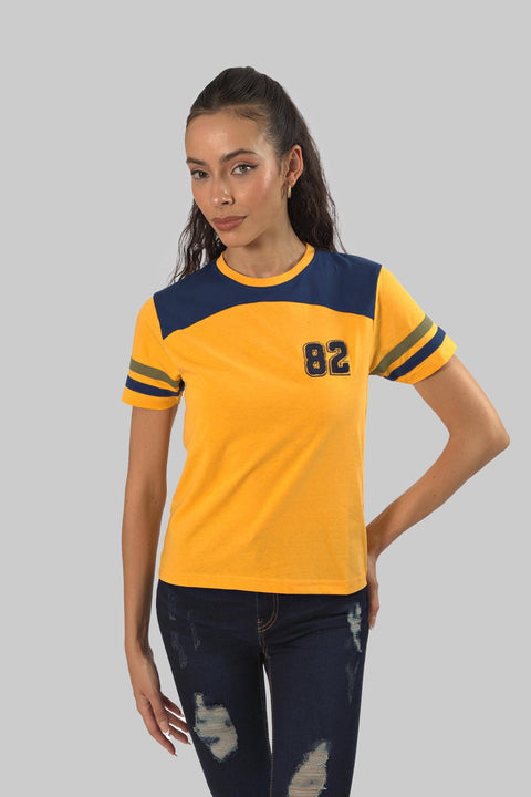 Women's Contrast Panel 3/4 Sleeve T-Shirt Top, Yellow - Toplook London