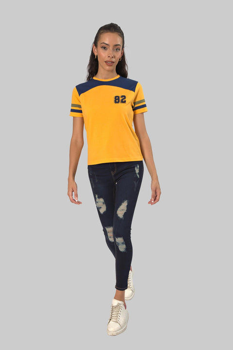Women's Contrast Panel 3/4 Sleeve T-Shirt Top, Yellow - Toplook London