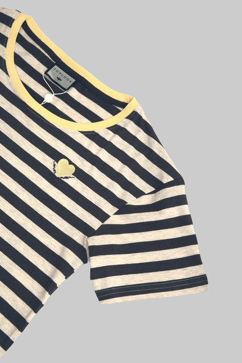 Women's Crewneck Short Sleeve Ringer Striped Twisted T-Shirt, Black Stripe - Toplook London