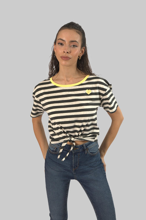 Women's Crewneck Short Sleeve Ringer Striped Twisted T-Shirt, Black Stripe - Toplook London
