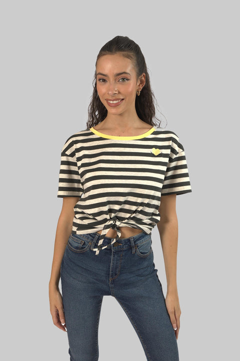 Women's Crewneck Short Sleeve Ringer Striped Twisted T-Shirt, Black Stripe - Toplook London