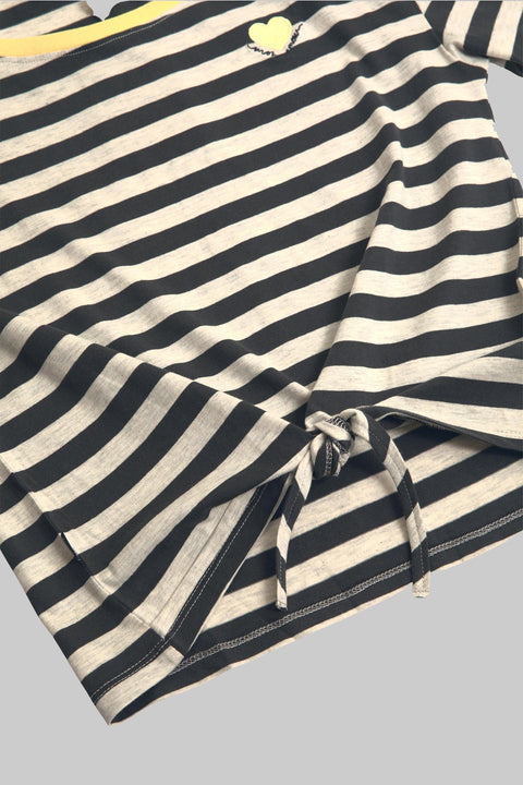 Women's Crewneck Short Sleeve Ringer Striped Twisted T-Shirt, Black Stripe - Toplook London