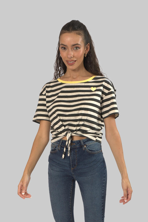 Women's Crewneck Short Sleeve Ringer Striped Twisted T-Shirt, Black Stripe - Toplook London