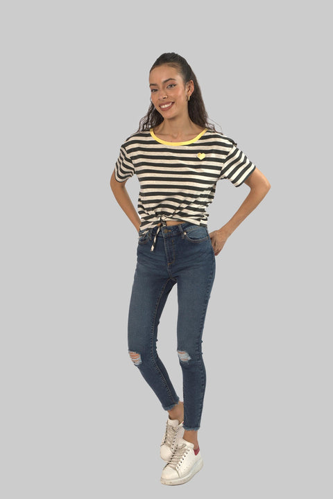 Women's Crewneck Short Sleeve Ringer Striped Twisted T-Shirt, Black Stripe - Toplook London