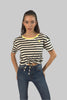 Women's Crewneck Short Sleeve Ringer Striped Twisted T-Shirt, Black Stripe - Toplook London