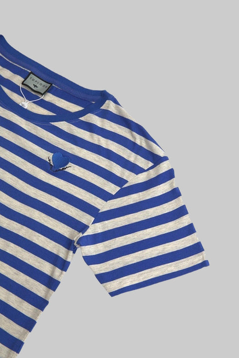 Women's Crewneck Short Sleeve Ringer Striped Twisted T-Shirt, Cobalt Stripe - Toplook London