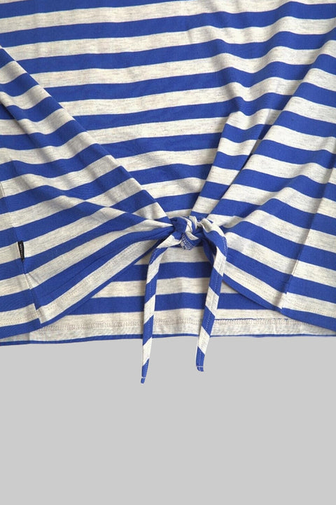 Women's Crewneck Short Sleeve Ringer Striped Twisted T-Shirt, Cobalt Stripe - Toplook London