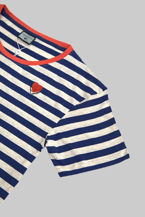 Women's Crewneck Short Sleeve Ringer Striped Twisted T-Shirt, Navy Stripe - Toplook London