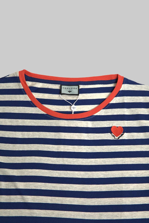 Women's Crewneck Short Sleeve Ringer Striped Twisted T-Shirt, Navy Stripe - Toplook London