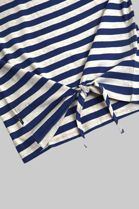 Women's Crewneck Short Sleeve Ringer Striped Twisted T-Shirt, Navy Stripe - Toplook London
