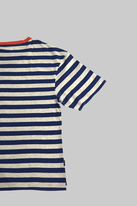 Women's Crewneck Short Sleeve Ringer Striped Twisted T-Shirt, Navy Stripe - Toplook London