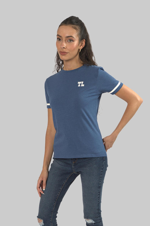 Women's Relaxed Cotton Short Sleeve Crew Neck T-Shirt, Indigo Blue Slub - Toplook London