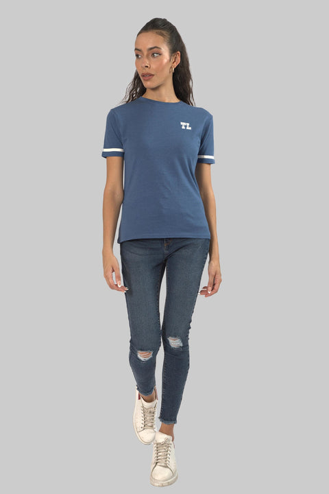 Women's Relaxed Cotton Short Sleeve Crew Neck T-Shirt, Indigo Blue Slub - Toplook London