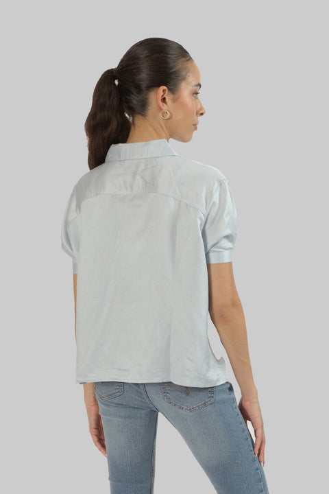 Women's Short Sleeve V Neck Cropped Collared Shirt, Baby Blue - Toplook London