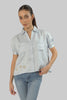 Women's Short Sleeve V Neck Cropped Collared Shirt, Baby Blue - Toplook London