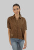 Women's Short Sleeve V Neck Cropped Collared Shirt, Dark Earth - Toplook London