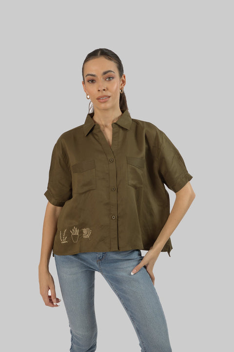 Women's Short Sleeve V Neck Cropped Collared Shirt, Dark Olive - Toplook London