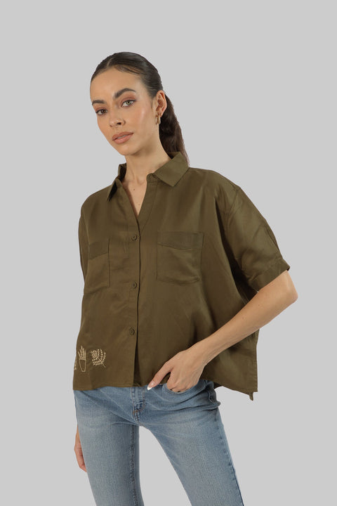 Women's Short Sleeve V Neck Cropped Collared Shirt, Dark Olive - Toplook London