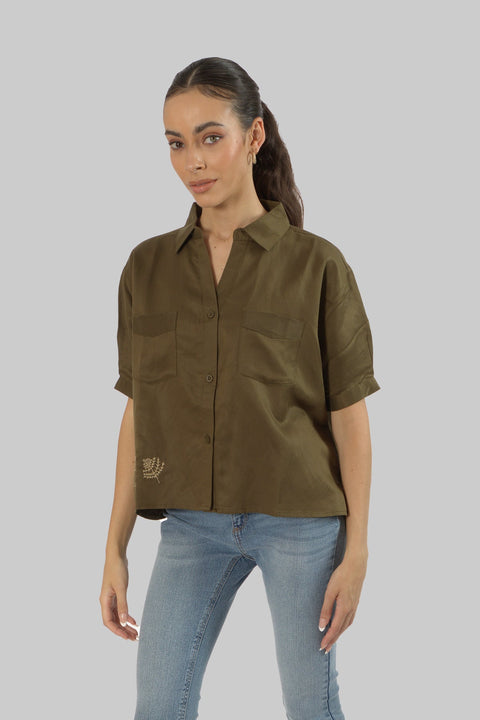 Women's Short Sleeve V Neck Cropped Collared Shirt, Dark Olive - Toplook London
