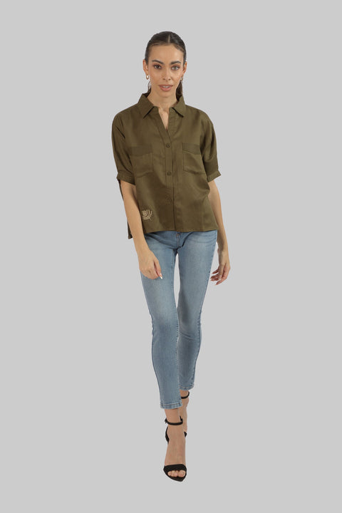 Women's Short Sleeve V Neck Cropped Collared Shirt, Dark Olive - Toplook London